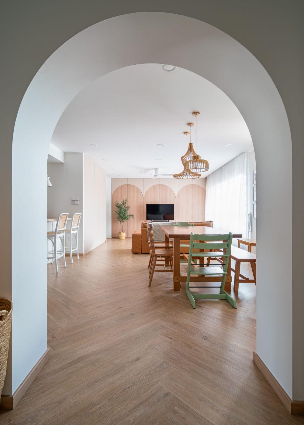 Scandinavian Foyer with Vinyl Flooring and Feature Wall