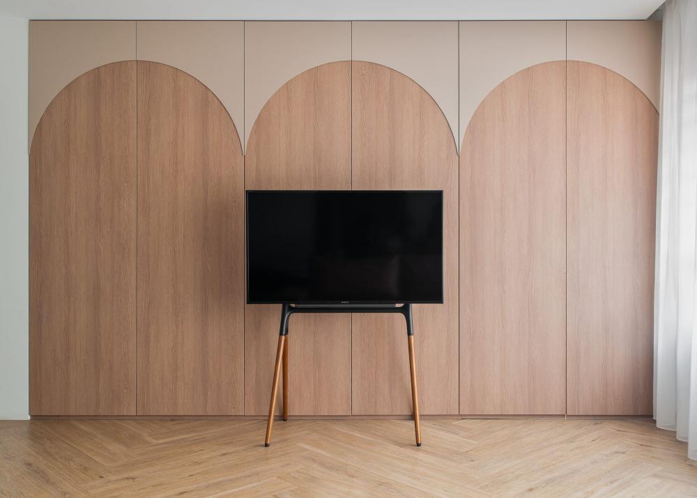 Scandinavian Living Room with Vinyl Flooring and Herringbone Tiling