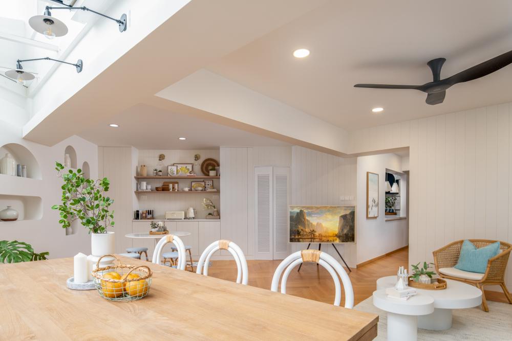 Transitional Dining Room with Drop Ceiling and Downlights