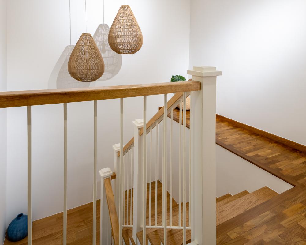Transitional Hallway with Parquet Floor and Wood Flooring
