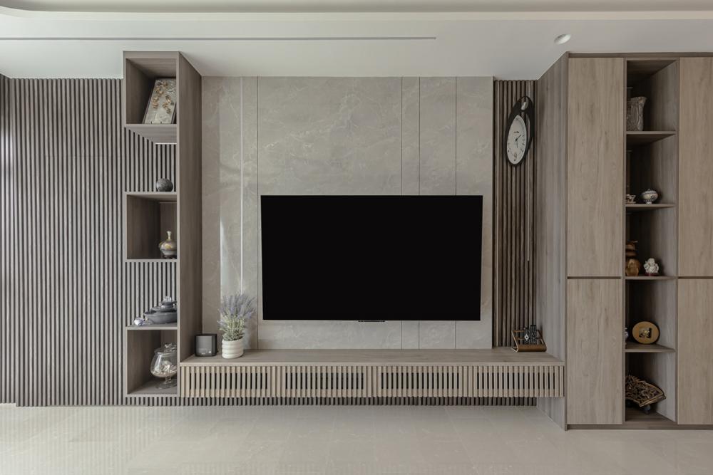Contemporary Living Room with TV Console and Feature Wall