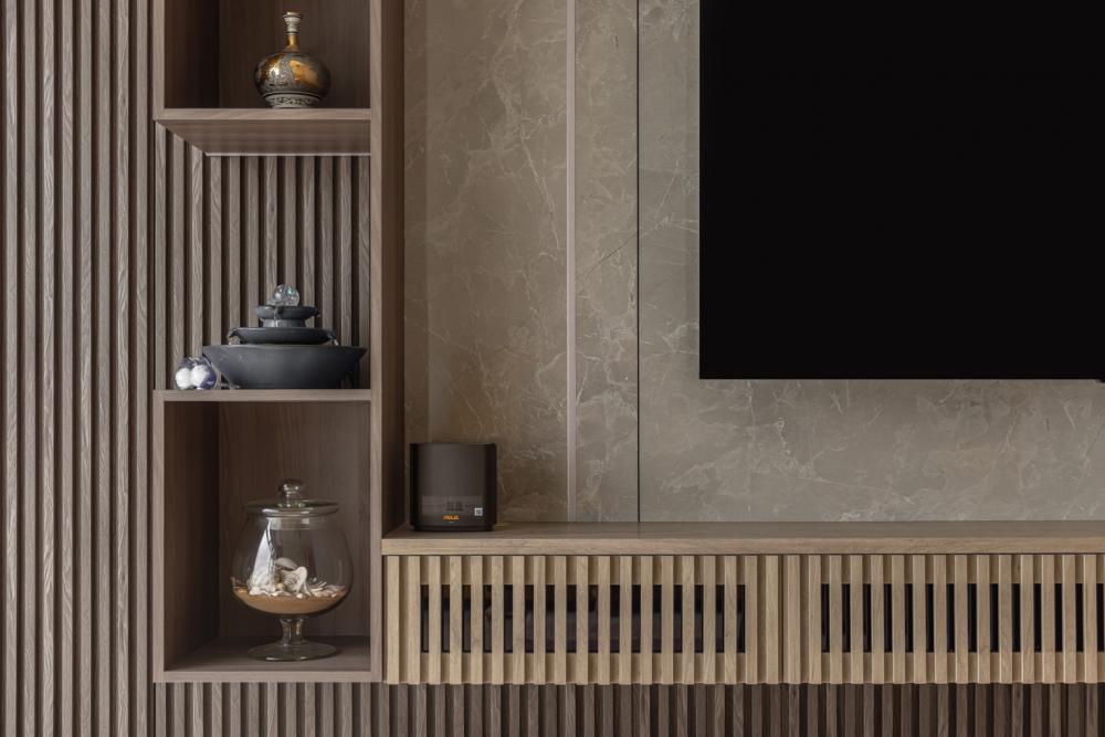 Contemporary Living Room with TV Console and Feature Wall