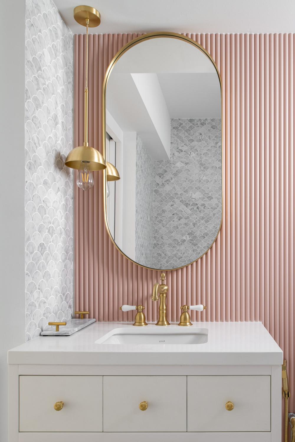 Minimalist Bathroom with Countertop and Feature Wall