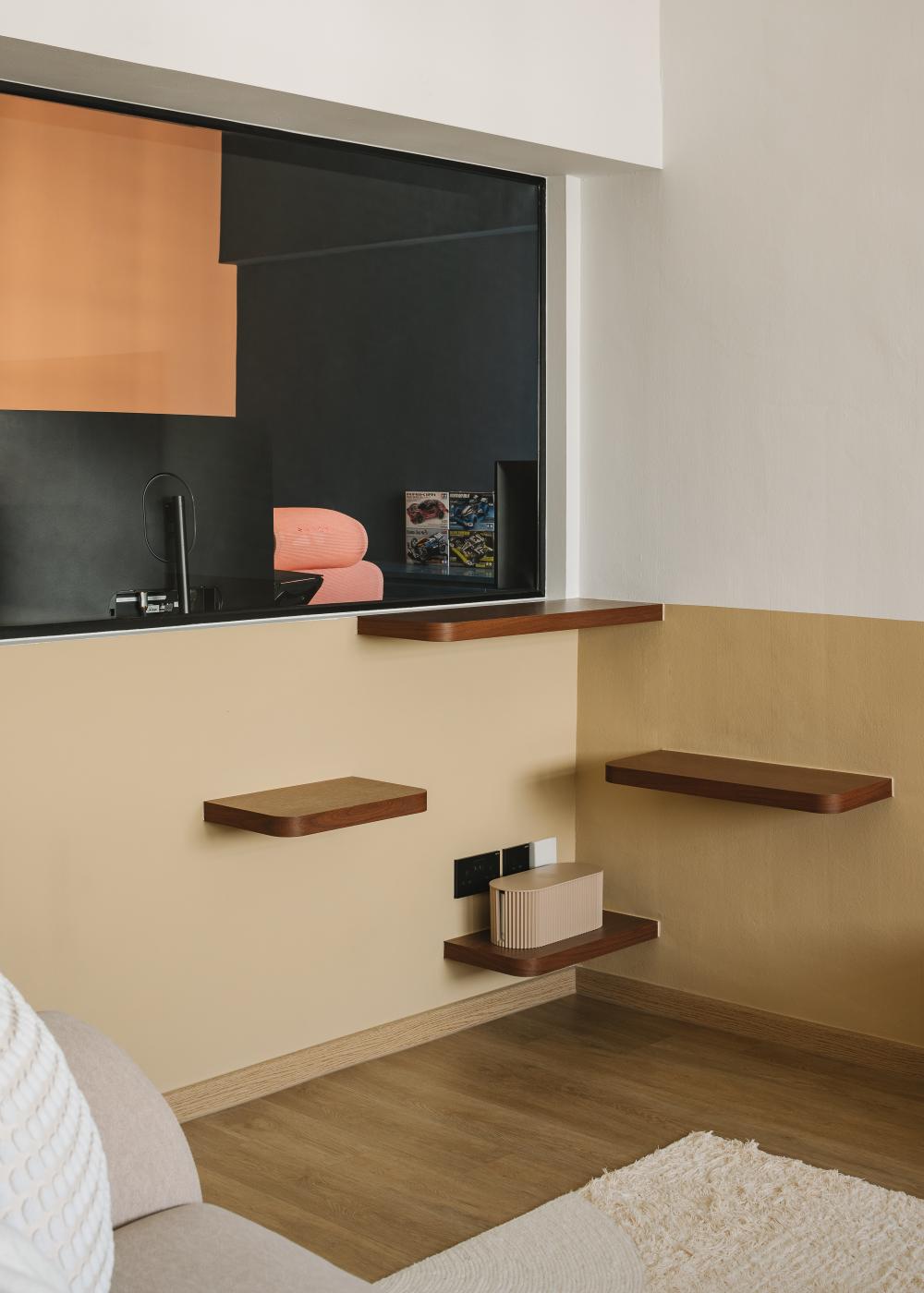 Scandinavian Living Room with Feature Wall and Wall Shelves