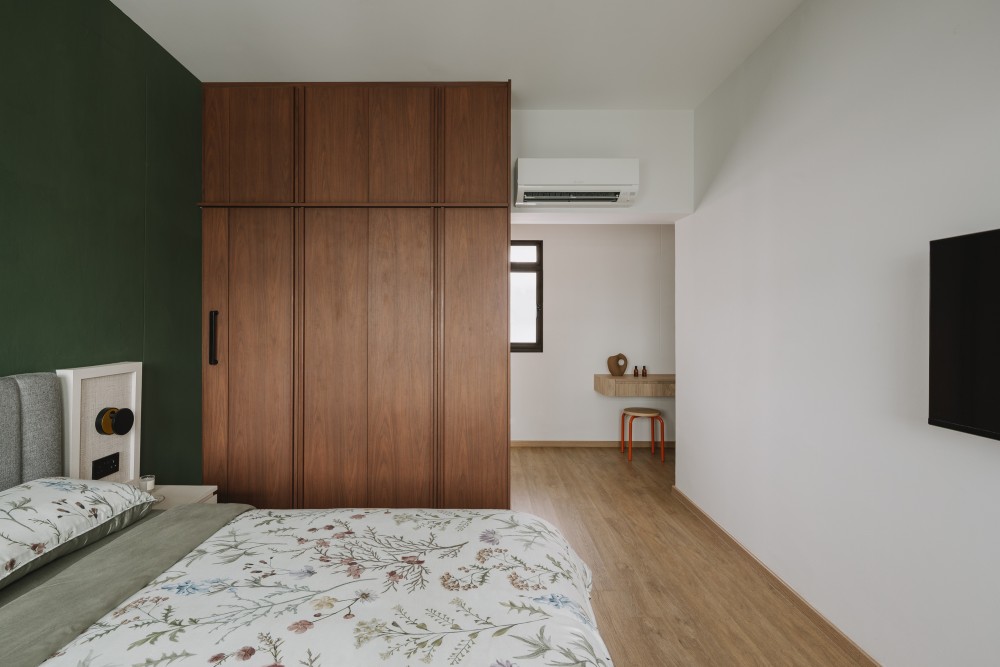 Scandinavian Bedroom with Wood Flooring and Wardrobe