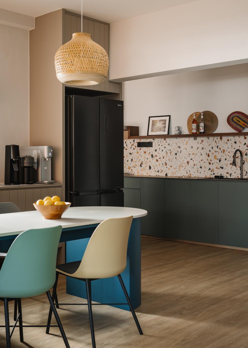 Scandinavian Kitchen with Wood Flooring and Drop Light