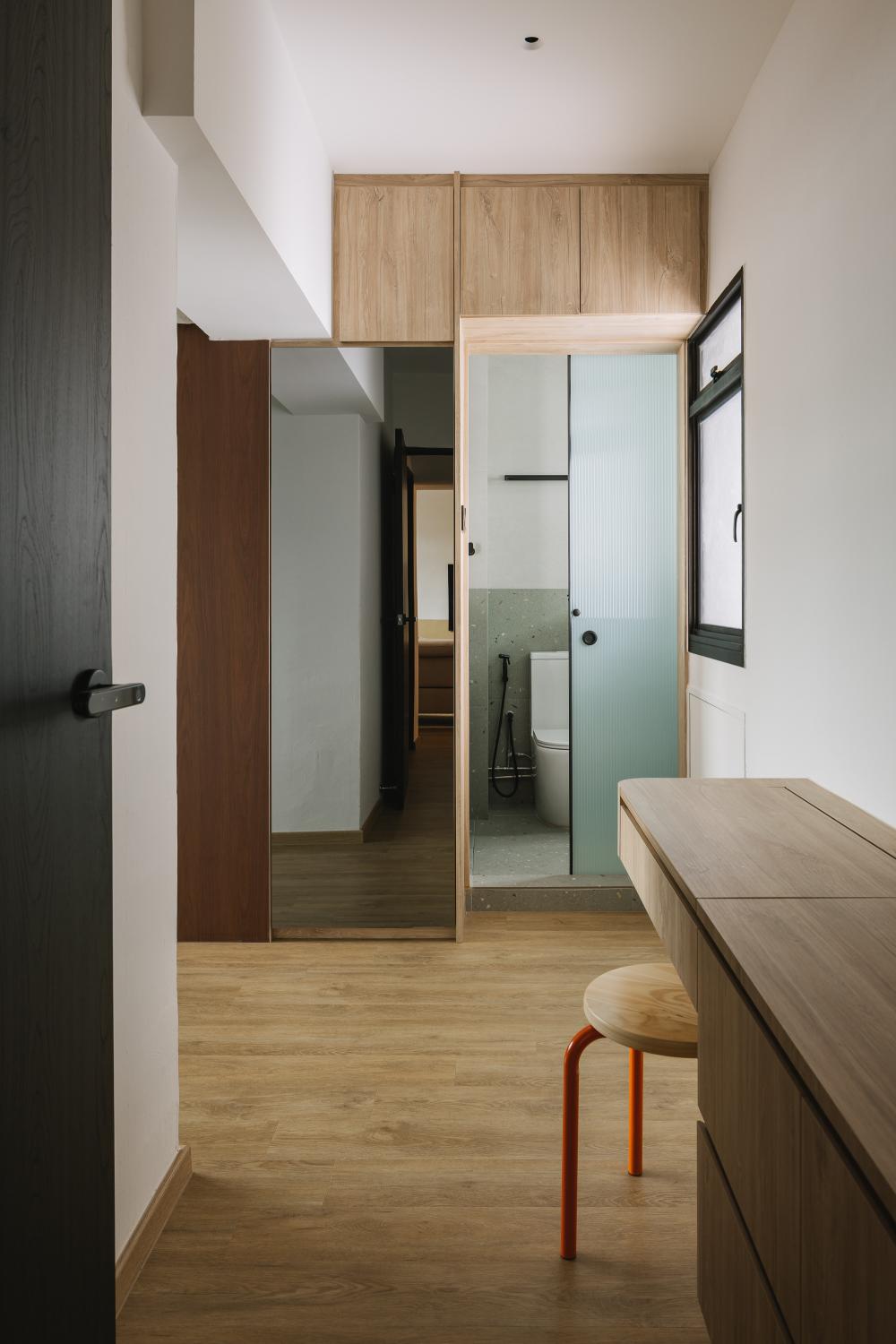 Scandinavian Bedroom with Mirror and Glass Door