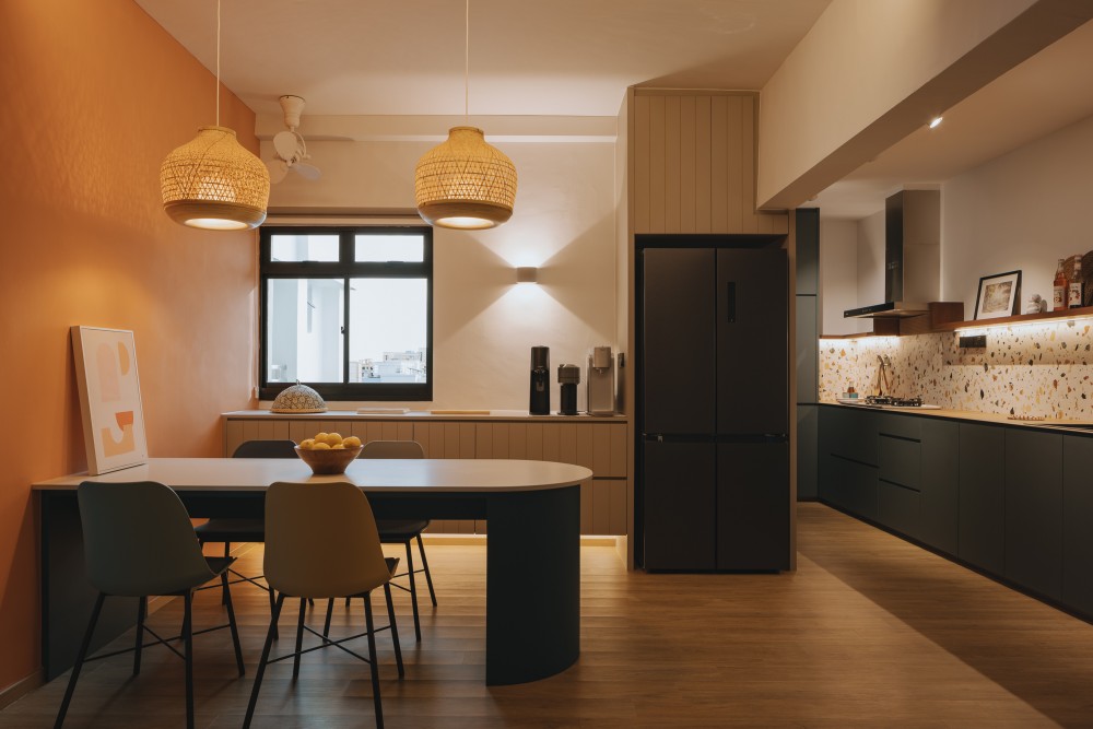 Scandinavian Dining Room with Drop Light and Dining Table