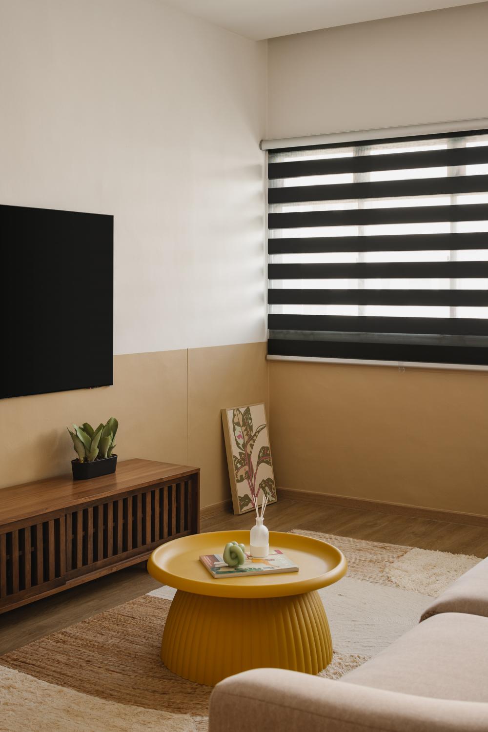 Scandinavian Living Room with Carpet and Roller Blinds