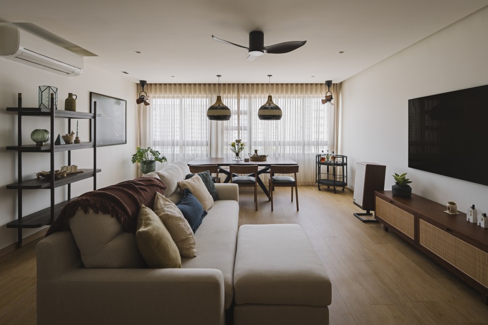 Modern Living Room with TV Console and Ceiling Fan