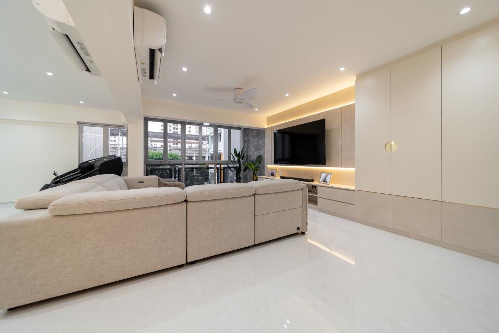 Modern Living Room with TV Console and Cove Lighting