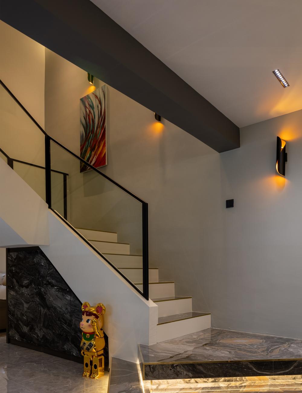 Modern Hallway with Marble Floor and Staircase