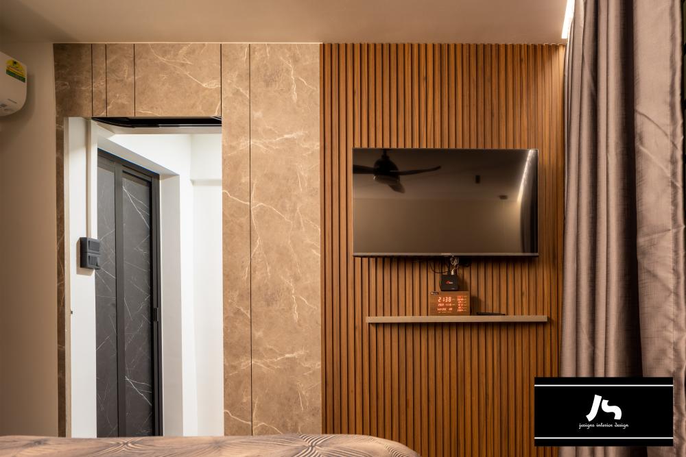 Modern Bedroom with TV Console and Feature Wall