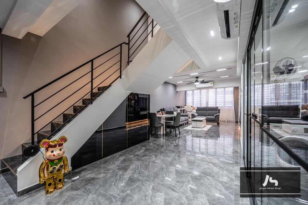 Modern Hallway with Marble Floor and Staircase