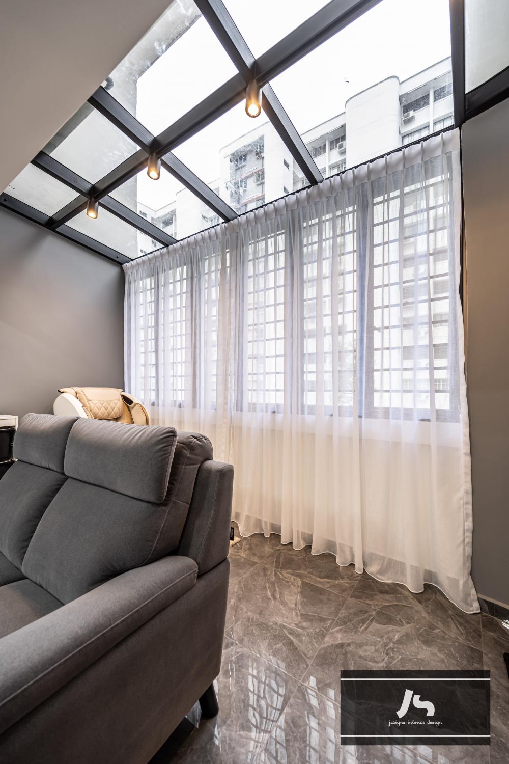 Modern Balcony with Ceiling Light and Window Shutters