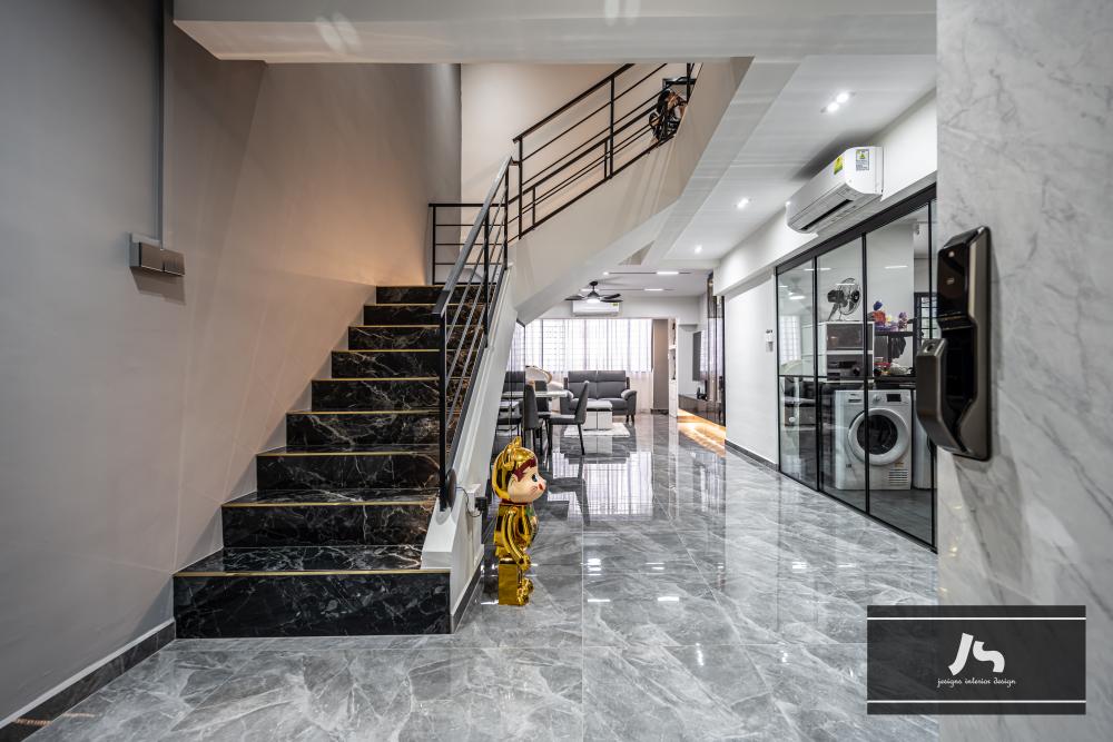 Modern Hallway with Marble Floor and Staircase