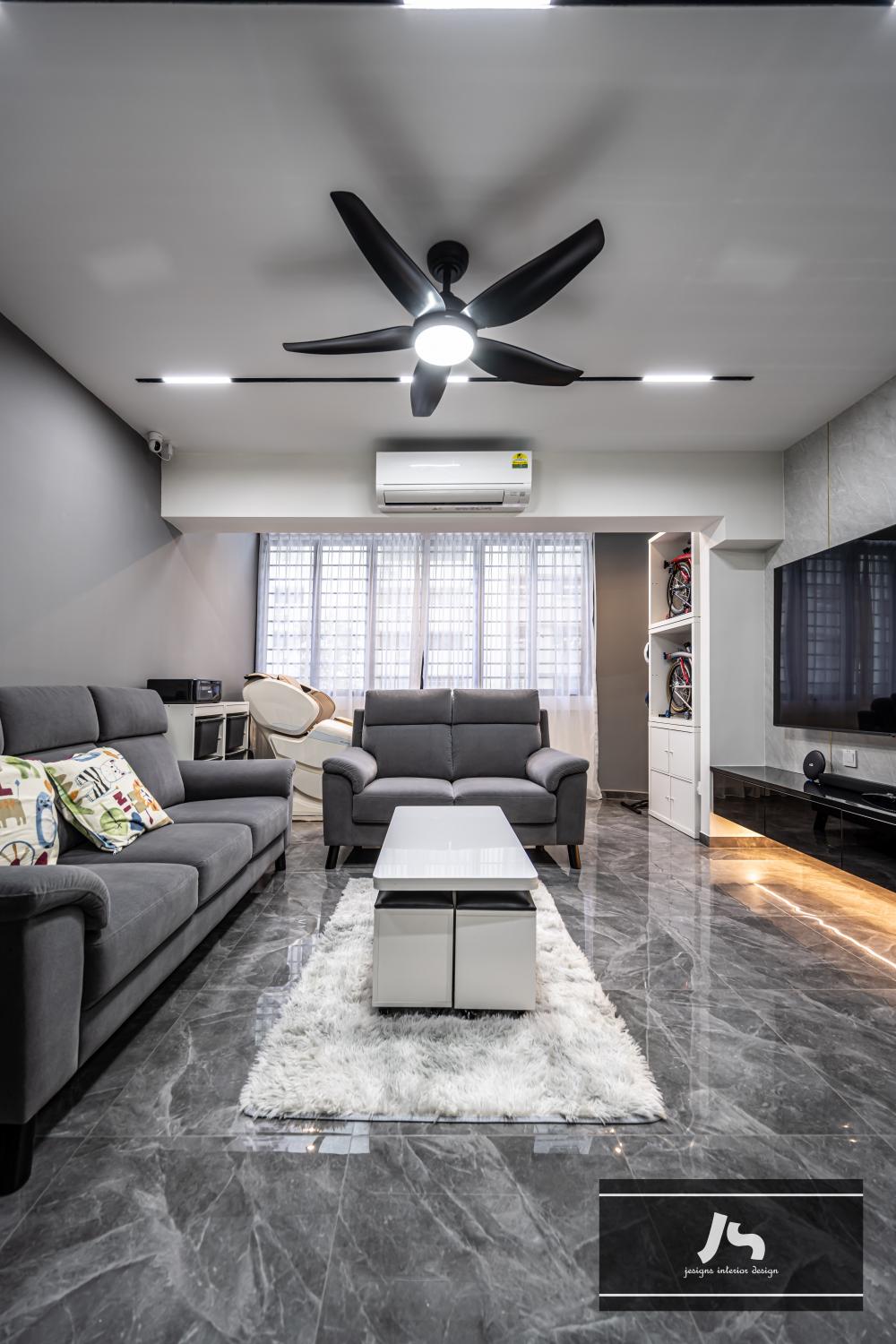 Modern Living Room with Bookshelf and Marble Floor
