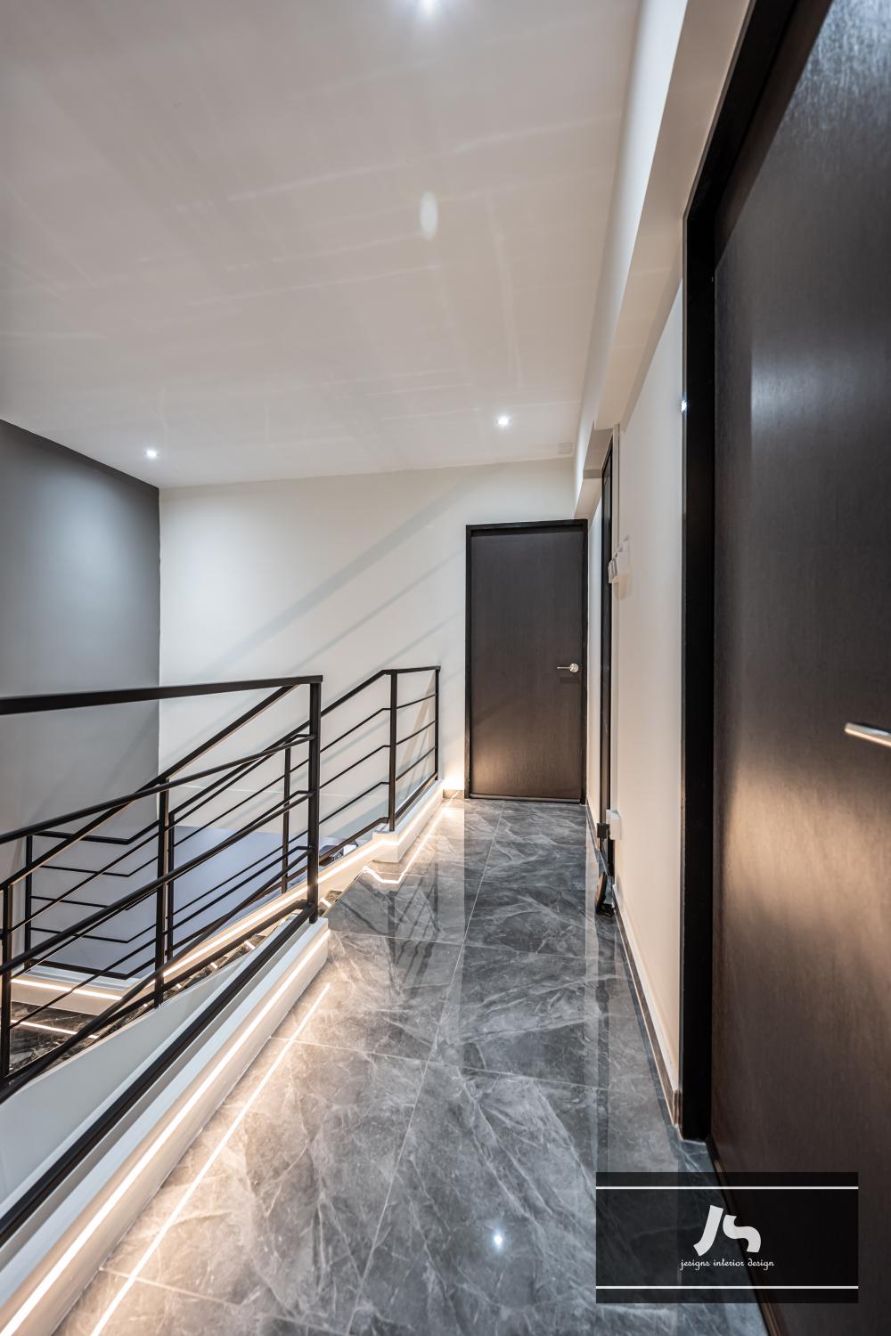 Modern Hallway with Marble Floor and Staircase