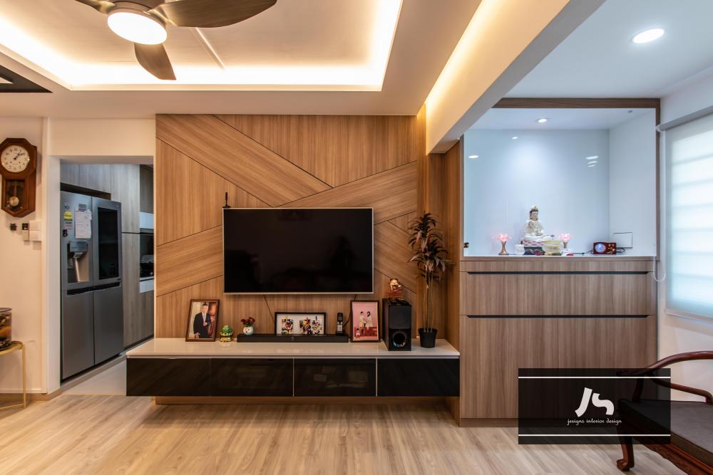 Scandinavian Living Room with Wood Flooring and TV Console