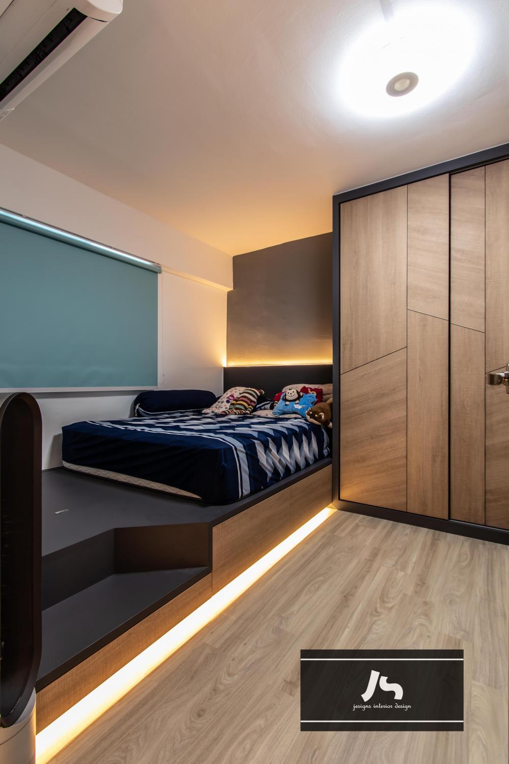 Scandinavian Bedroom with Vinyl Flooring and Built-in Bed