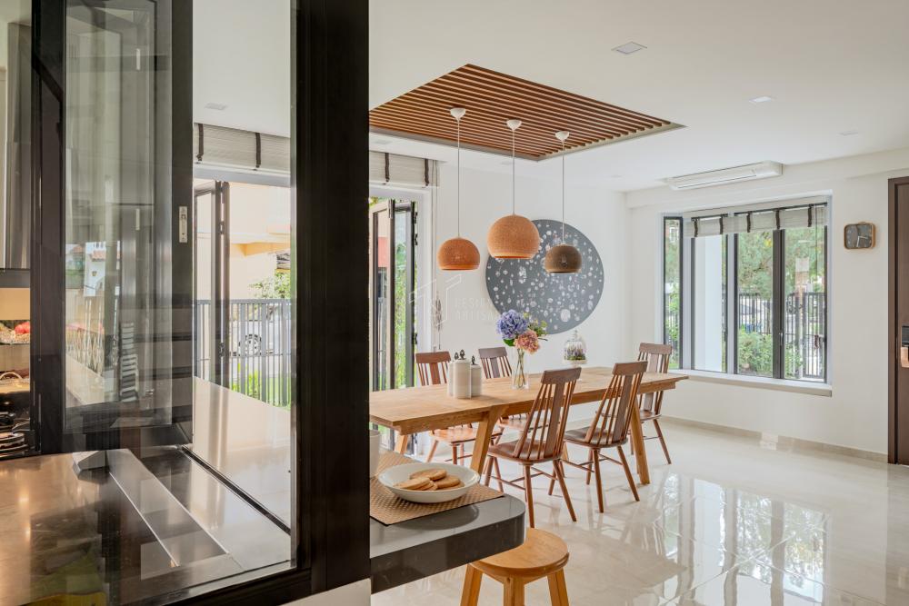 Contemporary Dining Room with Drop Light and Cove Lighting