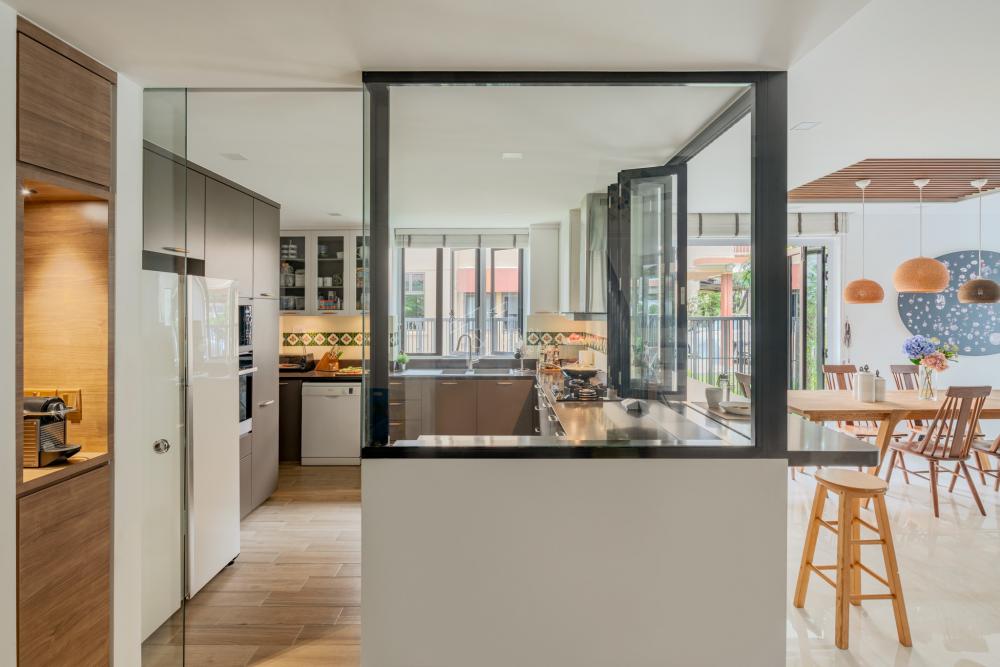 Contemporary Kitchen with Kitchen Window and Glass Door