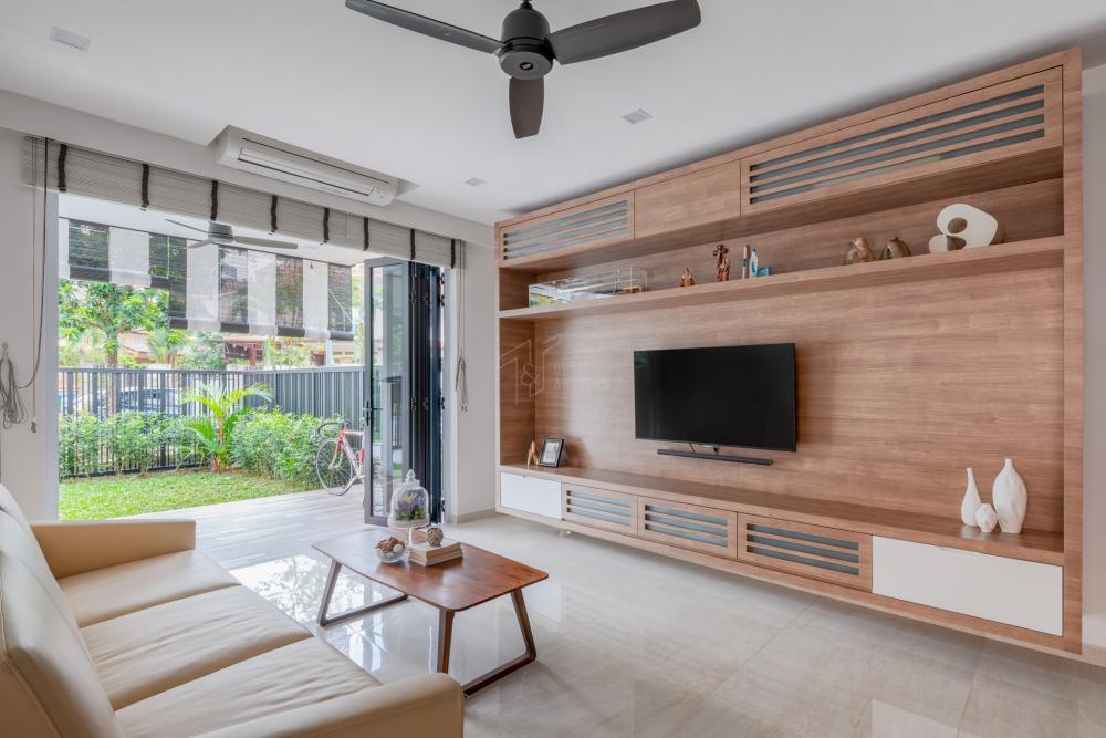 Contemporary Living Room with Bookshelf and Homogeneous Tiles