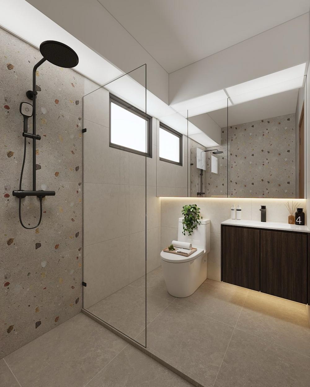 Scandinavian Bathroom with Homogeneous Tiles and Shower Screen