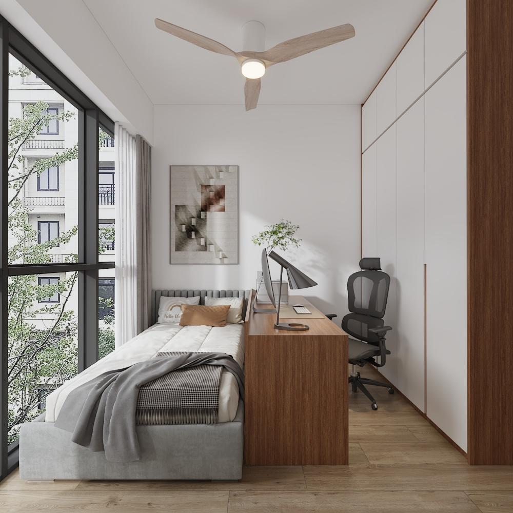 Contemporary Bedroom with Bookshelf and Vinyl Flooring