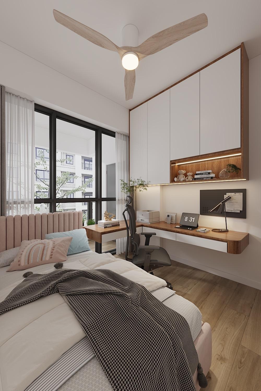 Contemporary Bedroom with Bookshelf and Vinyl Flooring