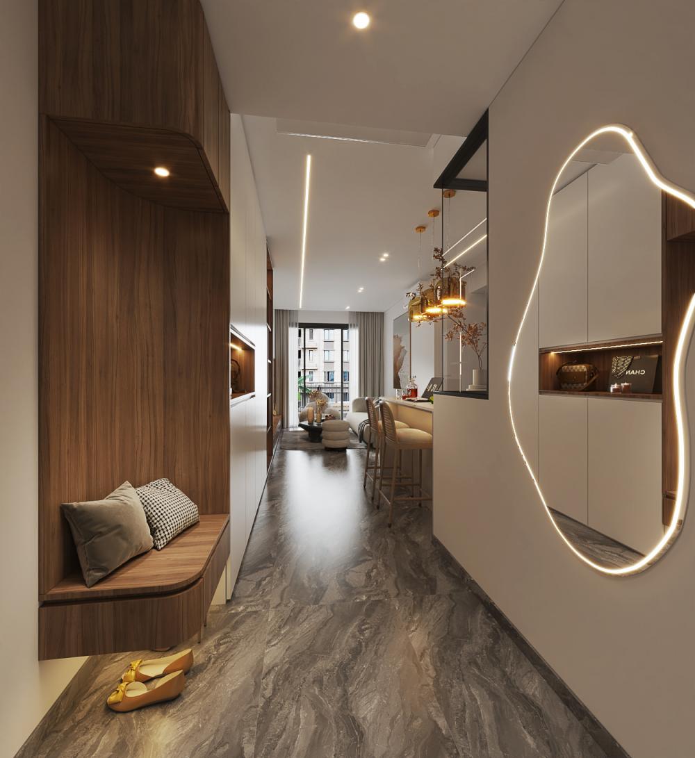 Contemporary Entryway with Mirror and Seating Bench