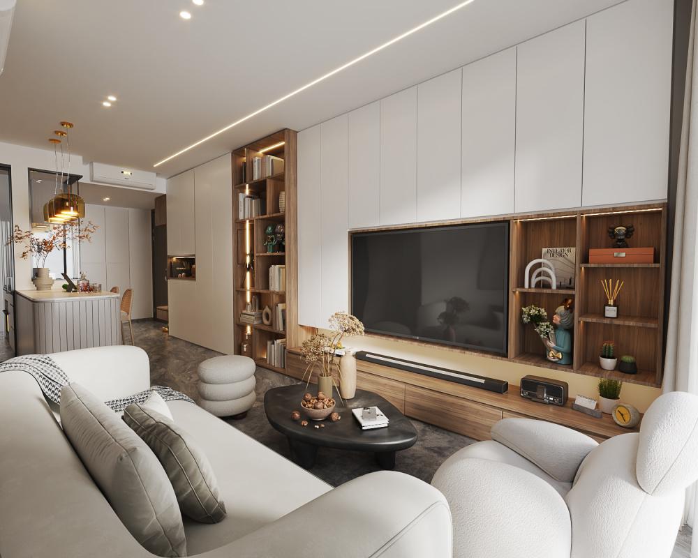 Contemporary Living Room with Bookshelf and TV Console