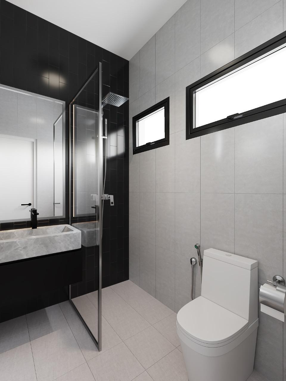 Industrial Bathroom with Homogeneous Tiles and Mirror
