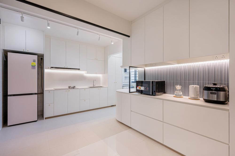 Asian Kitchen with Countertop and Open Kitchen