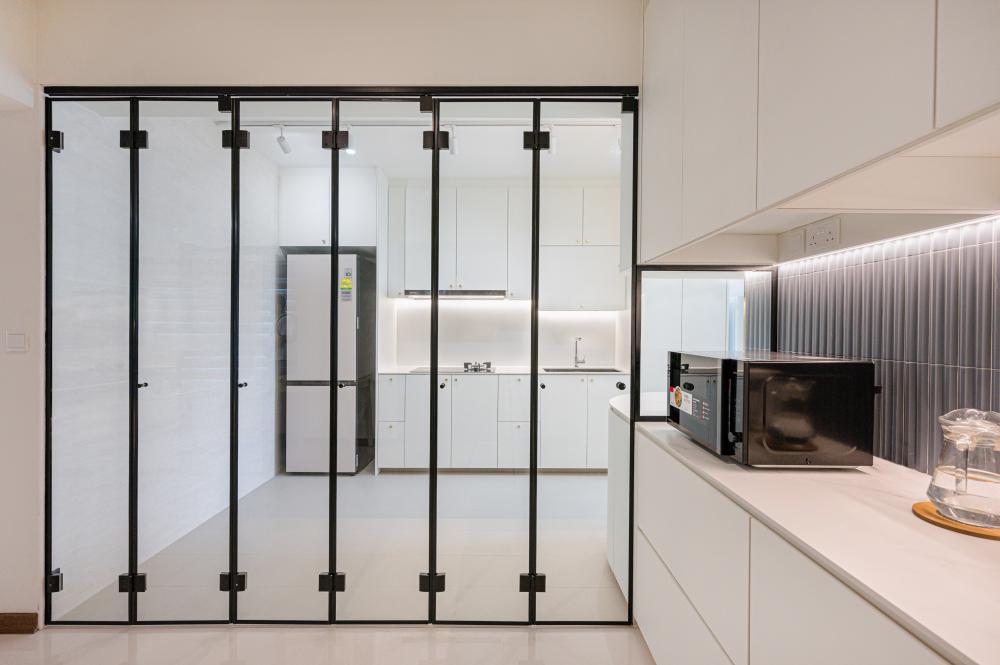 Asian Kitchen with Countertop and Homogeneous Tiles