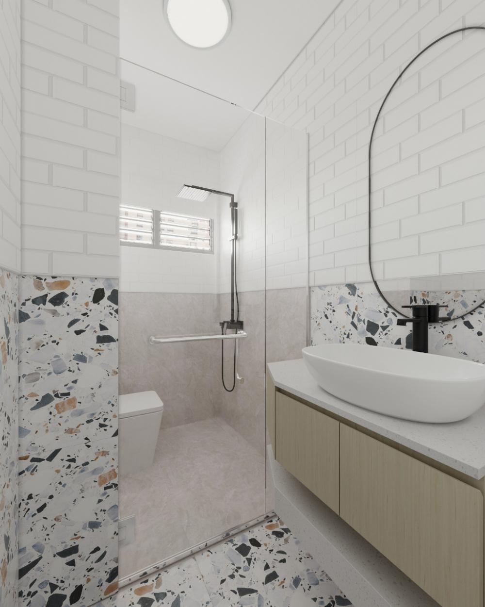 Country Bathroom with Homogeneous Tiles and Mirror