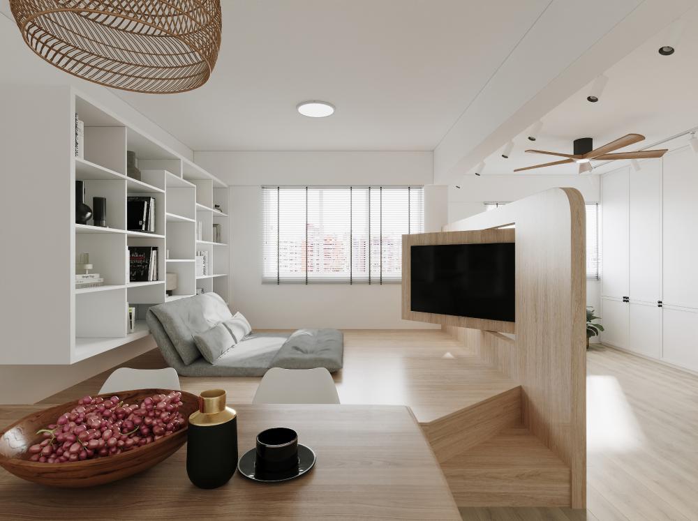 Country Living Room with Bookshelf and TV Console