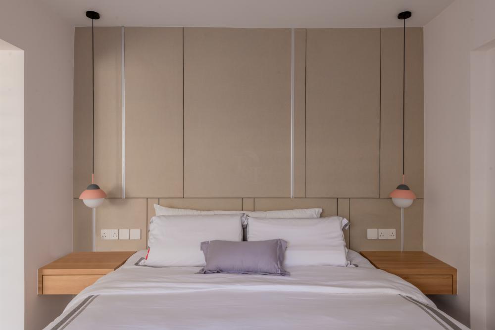 Contemporary Bedroom with Feature Wall and Drop Light