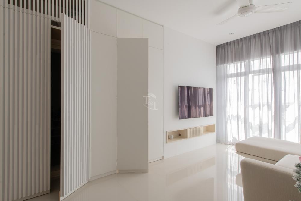Minimalist Living Room with Homogeneous Tiles and TV Console