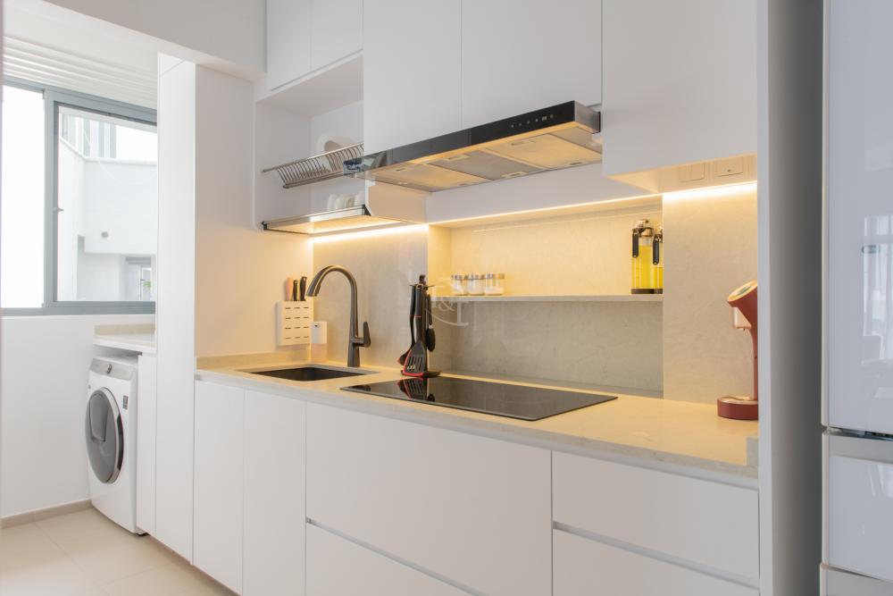 Minimalist Kitchen with Countertop and Herringbone Tiling