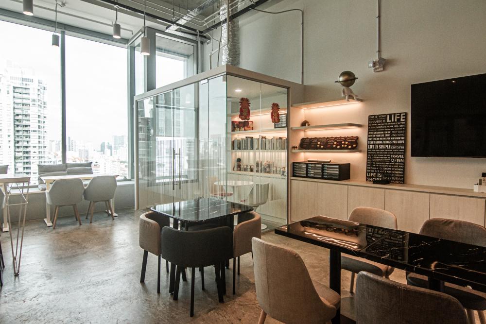 Modern Office with Bookshelf and Downlights