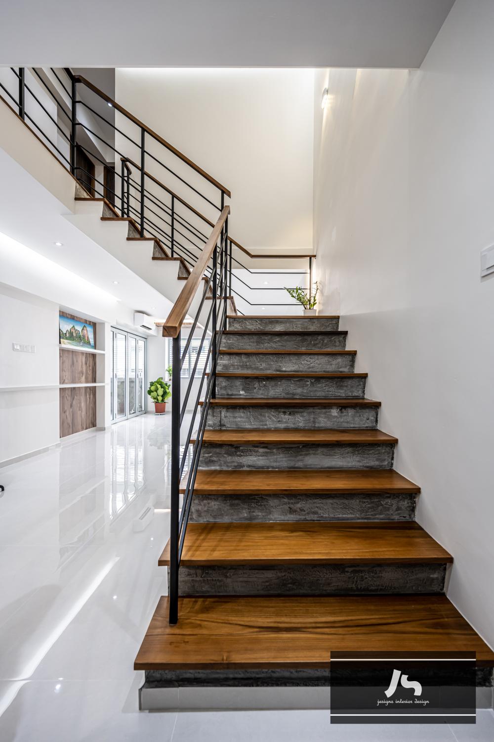 Scandinavian Hallway with Wood Flooring and Staircase