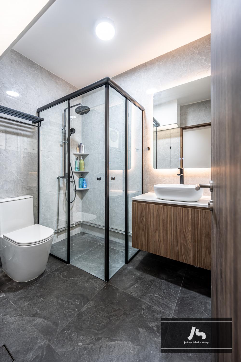 Scandinavian Bathroom with Shower Screen and Bathroom Storage