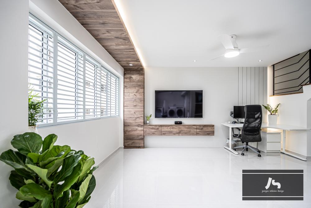 Scandinavian Living Room with TV Console and Feature Wall
