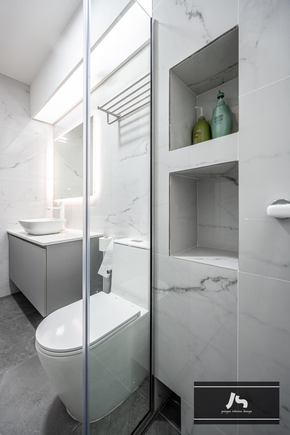 Scandinavian Bathroom with Shower Screen and Bathroom Storage