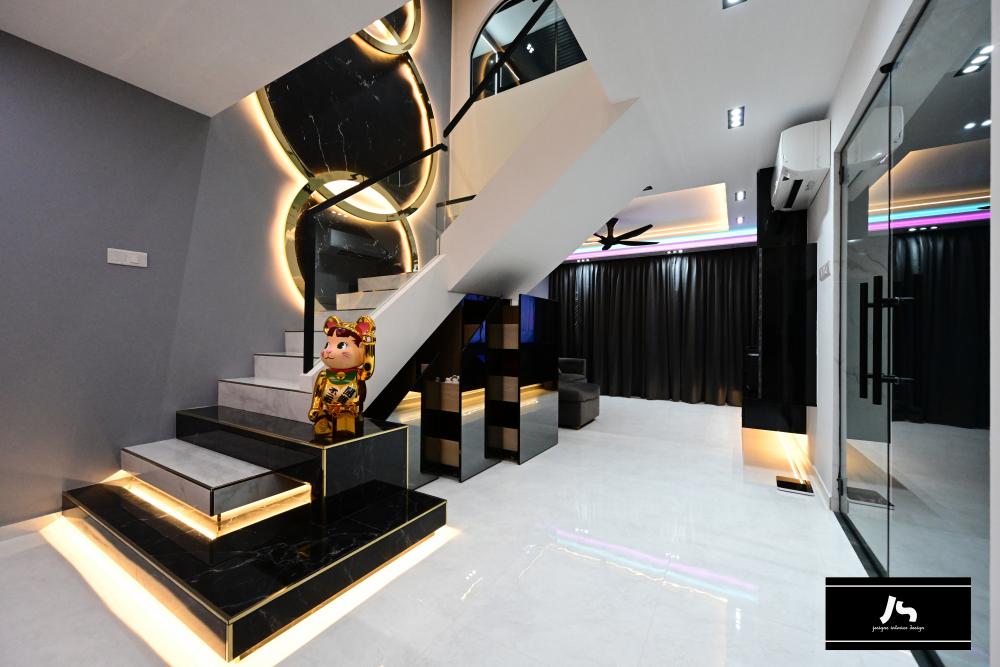 Modern Living Room with Marble Floor and Staircase