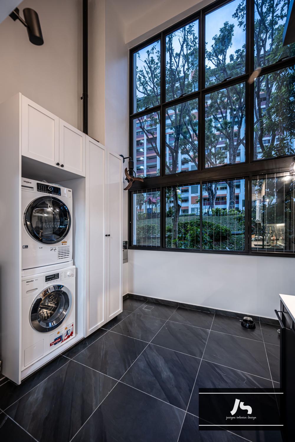 Modern Service Yard with Kitchen Window and Washing Machine