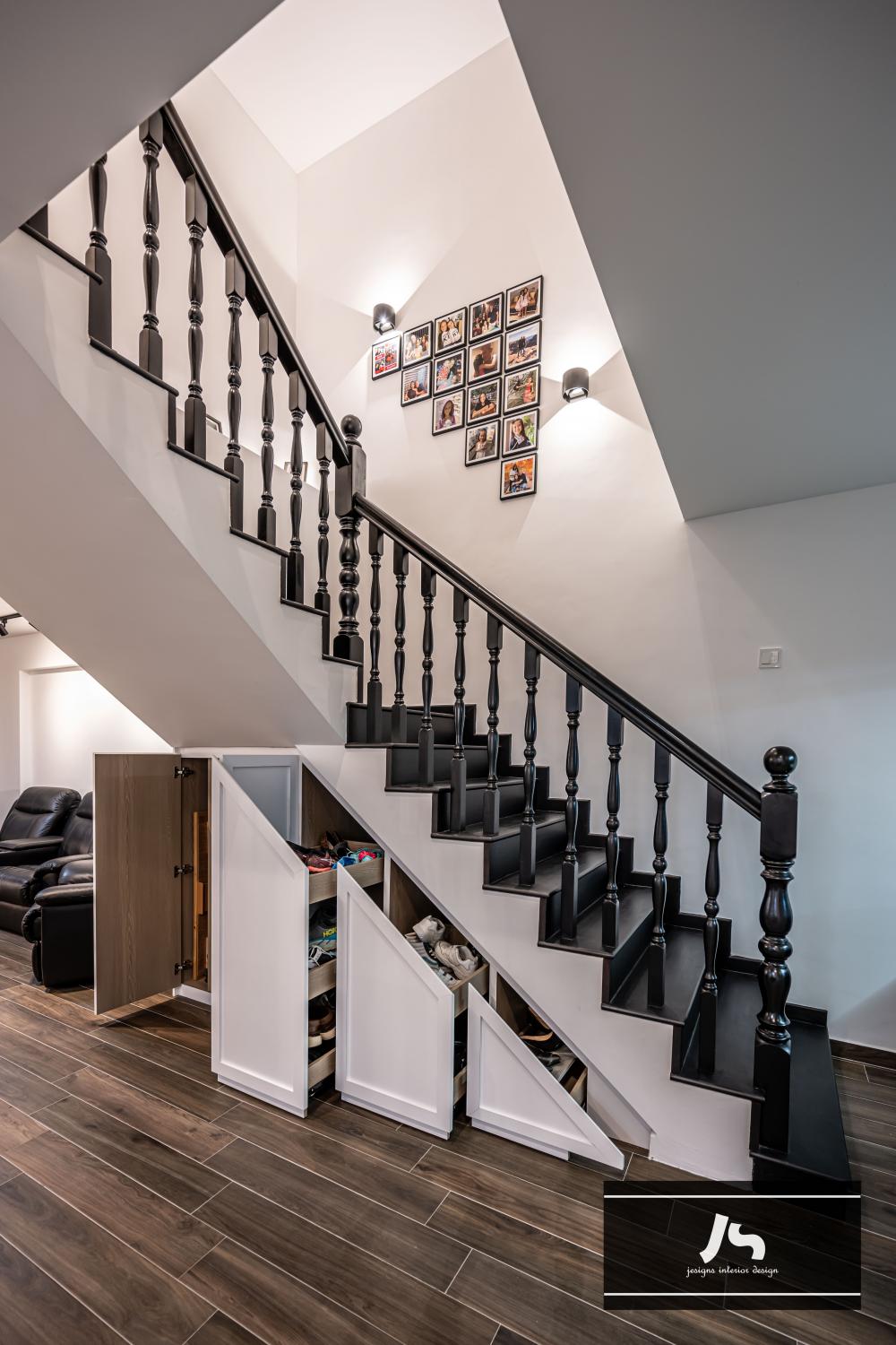 Modern Hallway with Drop Light and Staircase