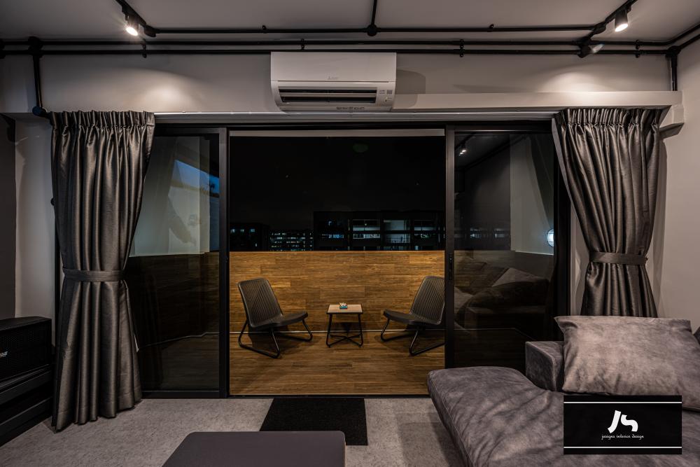 Modern Balcony with Window Seat and Window Shutters