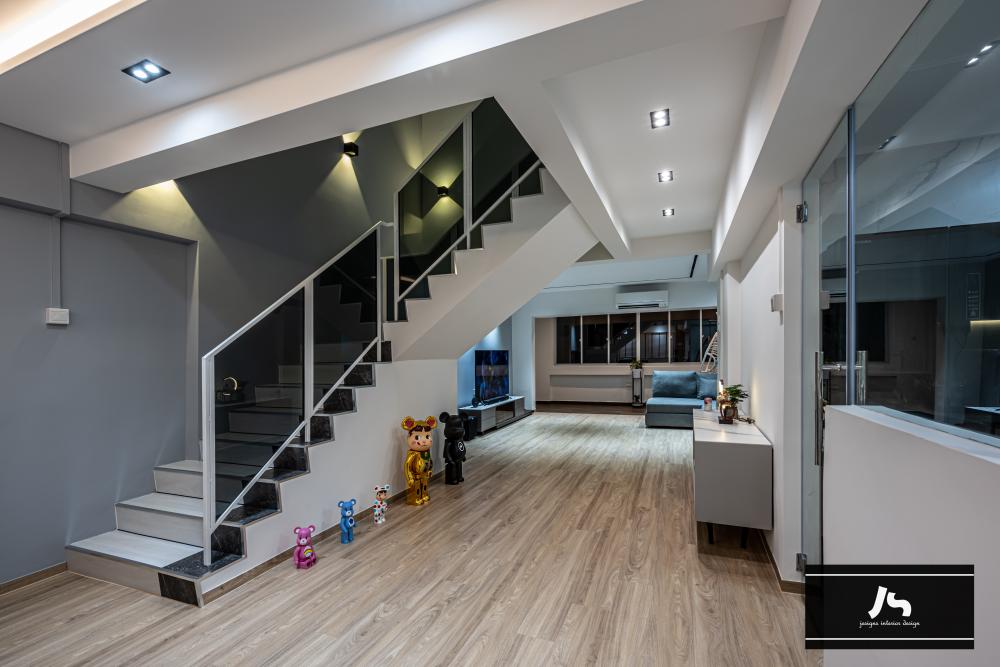 Modern Living Room with Staircase and Glass Door